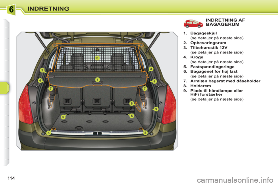 Peugeot 308 SW BL 2010.5  Instruktionsbog (in Danish) INDRETNING
   
 
 
 
 
 
 
 
 
 
 
 
INDRETNING AFBAGAGERUM 
 
 
 
1. 
  Bagageskjul 
 
 
  (se detaljer på næste side) 
   
2. 
  Opbevaringsrum 
 
   
3. 
  Tilbehørsstik 12V 
 
 
  (se detaljer 