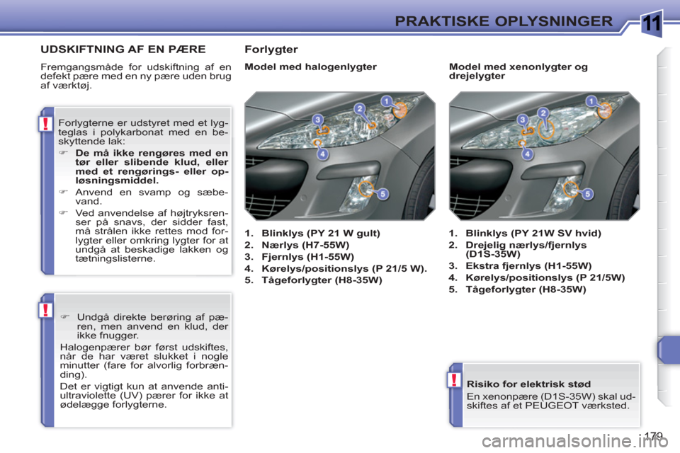 Peugeot 308 SW BL 2010.5  Instruktionsbog (in Danish) 1
!
!
!
179
PRAKTISKE OPLYSNINGER
   
Risiko for elektrisk stød 
  En xenonpære (D1S-35W) skal ud-
skiftes af et PEUGEOT værksted.  
 
 
 
 
 
 
 
 
 
 
UDSKIFTNING AF EN PÆRE
 
Fremgangsmåde for