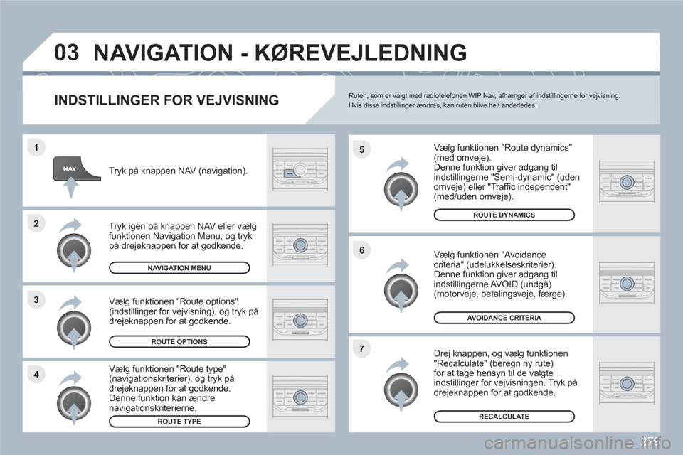 Peugeot 308 SW BL 2010.5 Instruktionsbog (in Danish) 279
4 3 2 1
7 6 5
03NAVIGATION - KØREVEJLEDNING
INDSTILLINGER FOR VEJVISNING
Vælg funktionen "Route dynamics" (med omveje).
Denne funktion giver adgang til indstillingerne "Semi-dynamic" Peugeot 308 SW BL 2010.5 Instruktionsbog (in Danish) 279
4 3 2 1
7 6 5
03NAVIGATION - KØREVEJLEDNING
INDSTILLINGER FOR VEJVISNING
Vælg funktionen "Route dynamics" (med omveje).
Denne funktion giver adgang til indstillingerne "Semi-dynamic"