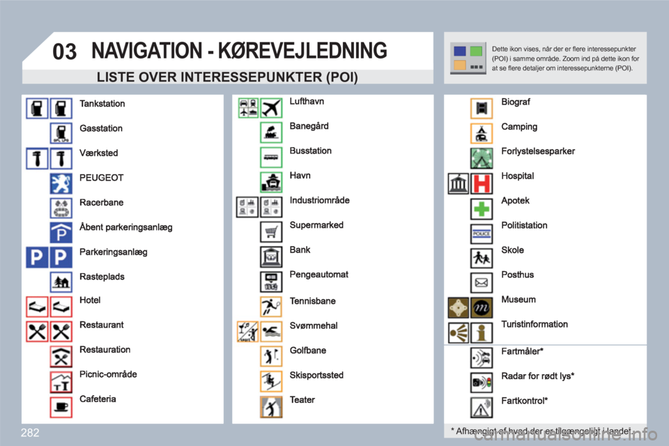 Peugeot 308 SW BL 2010.5 Instruktionsbog (in Danish) 282
03 NAVIGATION - KØREVEJLEDNING
()LISTE OVER INTERESSEPUNKTER (POI)
*
Afhængigt af hvad der er tilgængeligt i landet
.
Dette ikon vises, når der er fl ere interessepunkter (POI) i samm Peugeot 308 SW BL 2010.5 Instruktionsbog (in Danish) 282
03 NAVIGATION - KØREVEJLEDNING
()LISTE OVER INTERESSEPUNKTER (POI)
*
Afhængigt af hvad der er tilgængeligt i landet
.
Dette ikon vises, når der er fl ere interessepunkter (POI) i samm