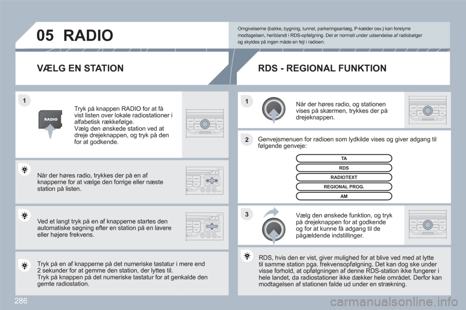 Peugeot 308 SW BL 2010.5 Instruktionsbog (in Danish) 286
3 2 1 1
05
VÆLG EN STATION
Når der høres radio, og stationenvises på skærmen, trykkes der pådrejeknappen.
Genvejsmenuen for radioen som lydkilde vises og giveer adgang ti Peugeot 308 SW BL 2010.5 Instruktionsbog (in Danish) 286
3 2 1 1
05
VÆLG EN STATION
Når der høres radio, og stationenvises på skærmen, trykkes der pådrejeknappen.
Genvejsmenuen for radioen som lydkilde vises og giveer adgang ti