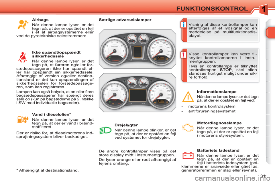 Peugeot 308 SW BL 2010.5 Instruktionsbog (in Danish) i
!
31
FUNKTIONSKONTROL
Visning af disse kontrollamper kan
efterfølges af et lydsignal og en
meddelelse på multifunktionsdis-
playet.
Særlige advarselslamper
De andre kontrollamper Peugeot 308 SW BL 2010.5 Instruktionsbog (in Danish) i
!
31
FUNKTIONSKONTROL
Visning af disse kontrollamper kan
efterfølges af et lydsignal og en
meddelelse på multifunktionsdis-
playet.
Særlige advarselslamper
De andre kontrollamper