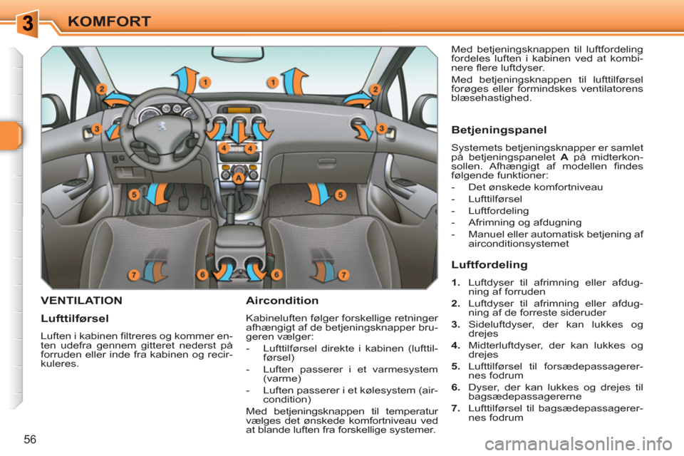 Peugeot 308 SW BL 2010.5  Instruktionsbog (in Danish) 56
KOMFORT
   
 
 
 
 
 VENTILATION   
Aircondition 
 
Kabineluften følger forskellige retninger 
afhængigt af de betjeningsknapper bru-
geren vælger: 
   
 
-   Lufttilførsel direkte i kabinen (l