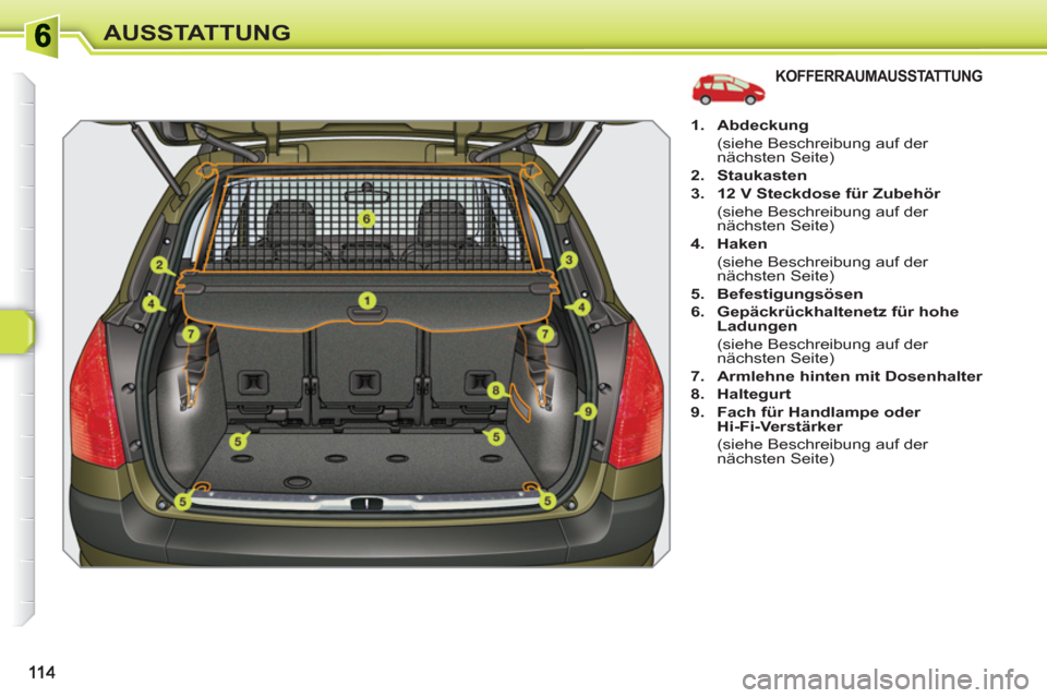 Peugeot 308 SW BL 2010.5  Betriebsanleitung (in German) AUSSTATTUNG
KOFFERRAUMAUSSTATTUNG
   
 
1. 
  Abdeckung 
 
 
  (siehe Beschreibung auf der 
nächsten Seite) 
   
2. 
  Staukasten 
 
   
3. 
  12 V Steckdose für Zubehör 
 
 
  (siehe Beschreibung 