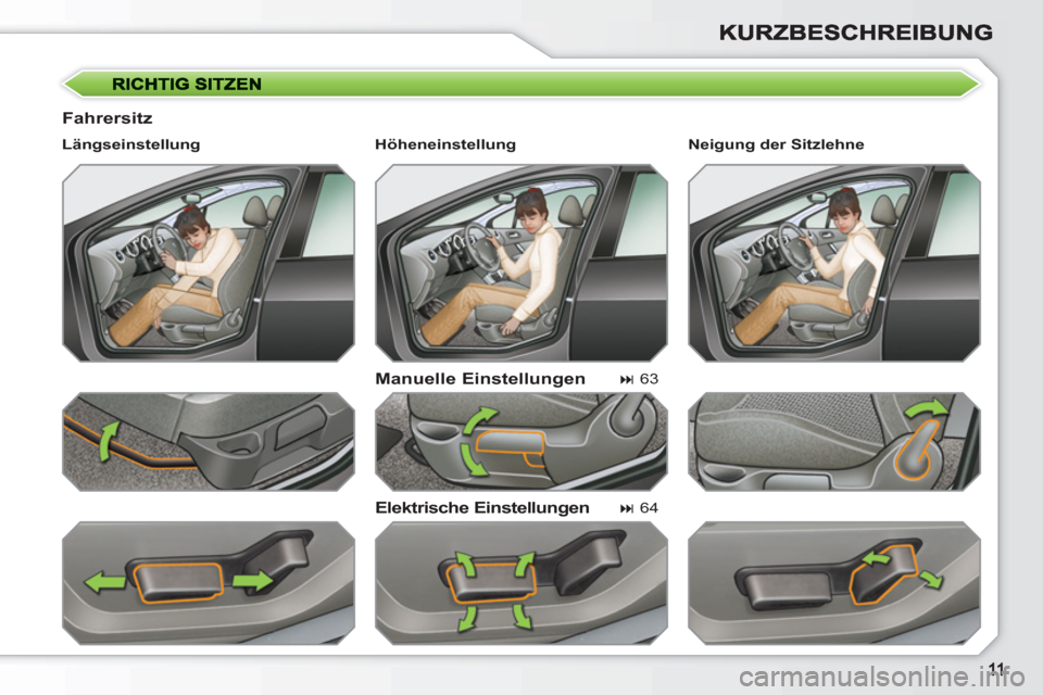 Peugeot 308 SW BL 2010.5  Betriebsanleitung (in German)    
Fahrersitz 
   
Manuelle Einstellungen 
   
Elektrische Einstellungen 
 
 
Längseinstellung  
   
 
� 
 63  
 
   
 
� 
 64     
Neigung der Sitzlehne  
   
 
Höheneinstellung  
  