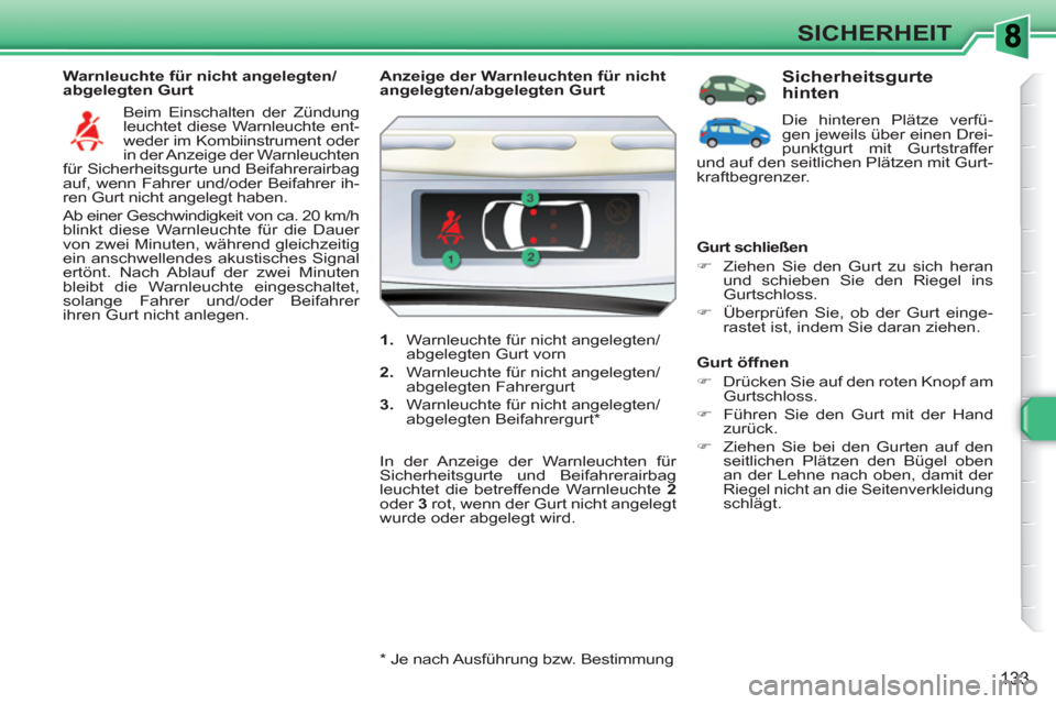 Peugeot 308 SW BL 2010.5 Betriebsanleitung (in German) 133
SICHERHEIT
Warnleuchte für nicht angelegten/
abgelegten Gurt
Beim Einschalten der Zündung
leuchtet diese Warnleuchte ent-
weder im Kombiinstrument oder
in der Anzeige der Warnleuchten
Peugeot 308 SW BL 2010.5 Betriebsanleitung (in German) 133
SICHERHEIT
Warnleuchte für nicht angelegten/
abgelegten Gurt
Beim Einschalten der Zündung
leuchtet diese Warnleuchte ent-
weder im Kombiinstrument oder
in der Anzeige der Warnleuchten
