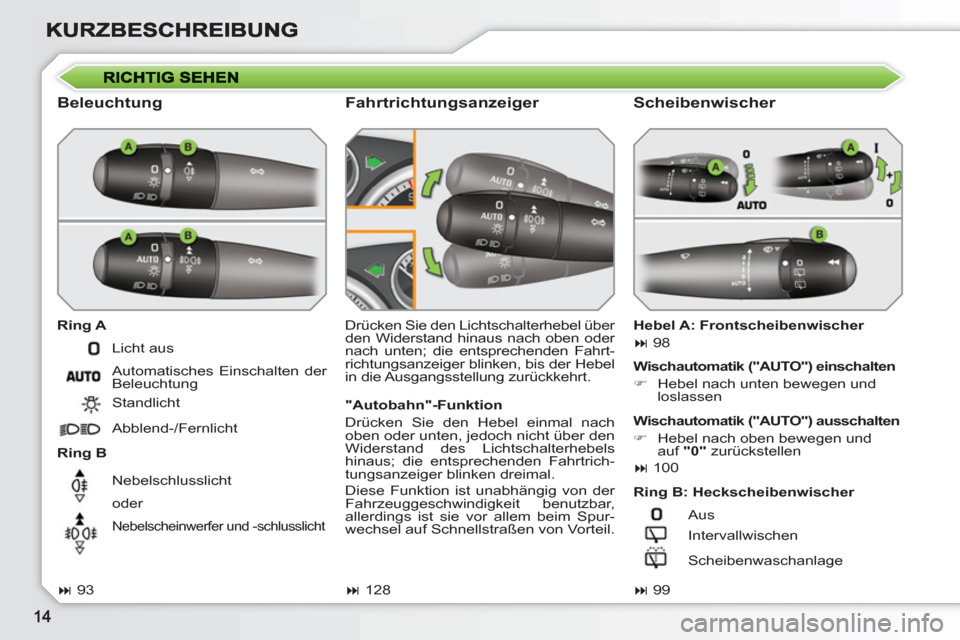 Peugeot 308 SW BL 2010.5  Betriebsanleitung (in German)    
Beleuchtung 
 
 
Ring A 
   
Ring B   Drücken Sie den Lichtschalterhebel über 
den Widerstand hinaus nach oben oder 
nach unten; die entsprechenden Fahrt-
richtungsanzeiger blinken, bis der Hebe