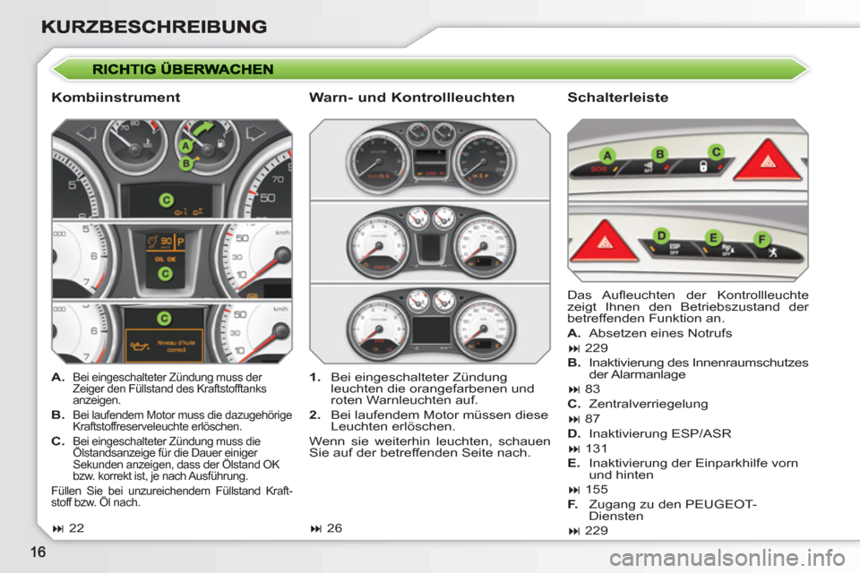 Peugeot 308 SW BL 2010.5  Betriebsanleitung (in German)    
Kombiinstrument   
Schalterleiste 
 
 
 
A.   Bei eingeschalteter Zündung muss der 
Zeiger den Füllstand des Kraftstofftanks 
anzeigen. 
   
B.   Bei laufendem Motor muss die dazugehörige 
Kraf