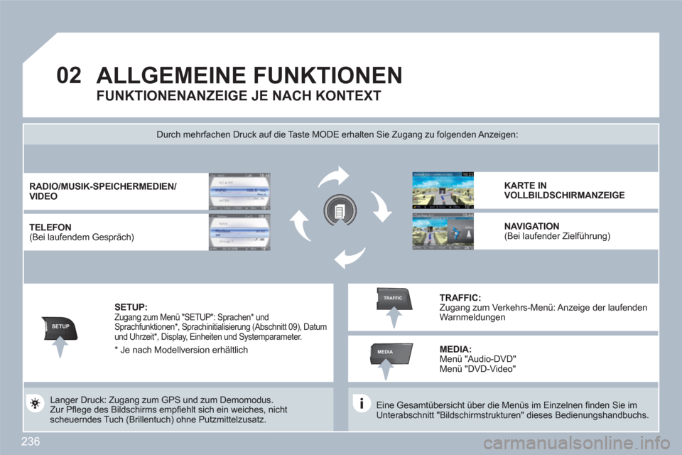 Peugeot 308 SW BL 2010.5  Betriebsanleitung (in German) 236
02
SETUP
MEDIA
TRAFFIC
ALLGEMEINE FUNKTIONEN
   
Eine Gesamtübersicht über die Menüs im Einzelnen ﬁ nden Sie imUnterabschnitt "Bildschirmstrukturen" dieses Bedienungshandbuchs.  
Durch mehrfa