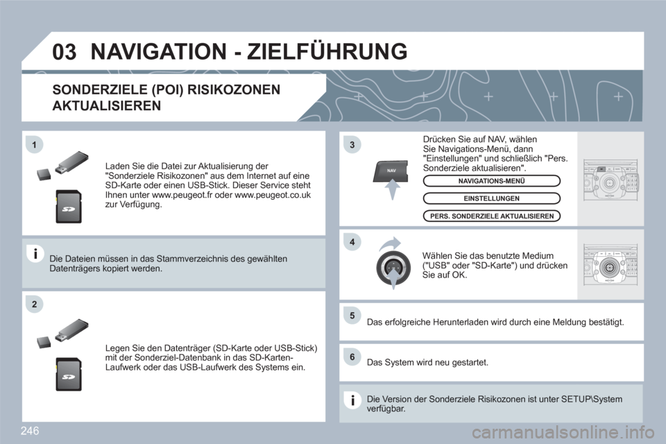 Peugeot 308 SW BL 2010.5  Betriebsanleitung (in German) 246
03
5
6
3
4
2
NAV
1
ABCDEF5JKL4GHI68TUV7PQRS90*#
RADIOMEDIANAVESCTRAFFICSETUPADDRBOOK
2ABC3DEF5JKL4GHI6MNO8TUV7PQRS9WXYZ0*#
1RADIOMEDIANAVESCTRAFFICSETUPADDRBOOK
   
Laden Sie die Datei zur Aktuali