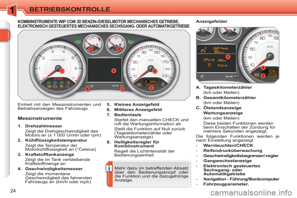 Peugeot 308 SW BL 2010.5  Betriebsanleitung (in German) i
24
BETRIEBSKONTROLLE
KOMBIINSTRUMENTE WIP COM 3D BENZIN-/DIESELMOTOR MECHANISCHES GETRIEBE, ELEKTRONISCH GESTEUERTES MECHANISCHES SECHSGANG- ODER AUTOMATIKGETRIEBE 
   
Messinstrumente 
 
 
 
1. 
  