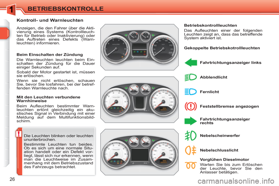 Peugeot 308 SW BL 2010.5  Betriebsanleitung (in German) !
26
BETRIEBSKONTROLLE
  Die Leuchten blinken oder leuchten 
ununterbrochen. 
  Bestimmte Leuchten tun beides. 
Ob es sich um eine normale Situ-
ation handelt oder ein Defekt vor-
liegt, lässt sich n