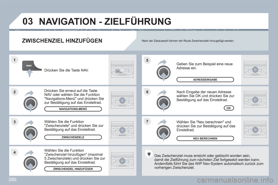 Peugeot 308 SW BL 2010.5 Betriebsanleitung (in German) 280
7 6 5
4 3 2 1
03
ZWISCHENZIEL HINZUFÜGEN
Geben Sie zum Beispiel eine neue Adresse ein.
Nach Eingabe der neuen Adresse wählen Sie OK und drücken Sie zur Bestätigung auf das Einstellrad. Peugeot 308 SW BL 2010.5 Betriebsanleitung (in German) 280
7 6 5
4 3 2 1
03
ZWISCHENZIEL HINZUFÜGEN
Geben Sie zum Beispiel eine neue Adresse ein.
Nach Eingabe der neuen Adresse wählen Sie OK und drücken Sie zur Bestätigung auf das Einstellrad.