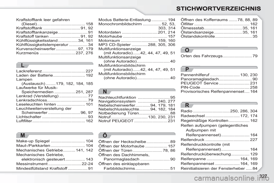 Peugeot 308 SW BL 2010.5  Betriebsanleitung (in German) N
Nachleuchtfunktion ..........................95Navigationssystem ................240, 277Nebelscheinwerfer............r94,179, 181Nebelschlussleuchte.........94, 182, 184Notbedienung Türen.........