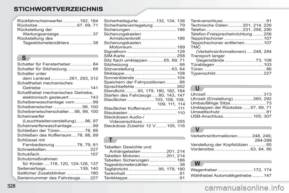 Peugeot 308 SW BL 2010.5  Betriebsanleitung (in German) S
Rückfahrscheinwerfer.............r182,184Rücksitze ..............................67,69,71Rückstellung der Wartungsanzeige .........................37Rückstellung des Tageskilometerzählers......