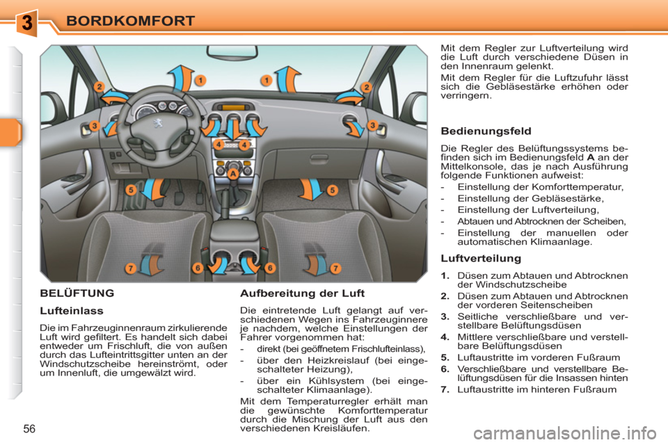 Peugeot 308 SW BL 2010.5  Betriebsanleitung (in German) 56
BORDKOMFORT
BELÜFTUNG   
Aufbereitung der Luft 
 
Die eintretende Luft gelangt auf ver-
schiedenen Wegen ins Fahrzeuginnere 
je nachdem, welche Einstellungen der 
Fahrer vorgenommen hat: 
   
 
- 