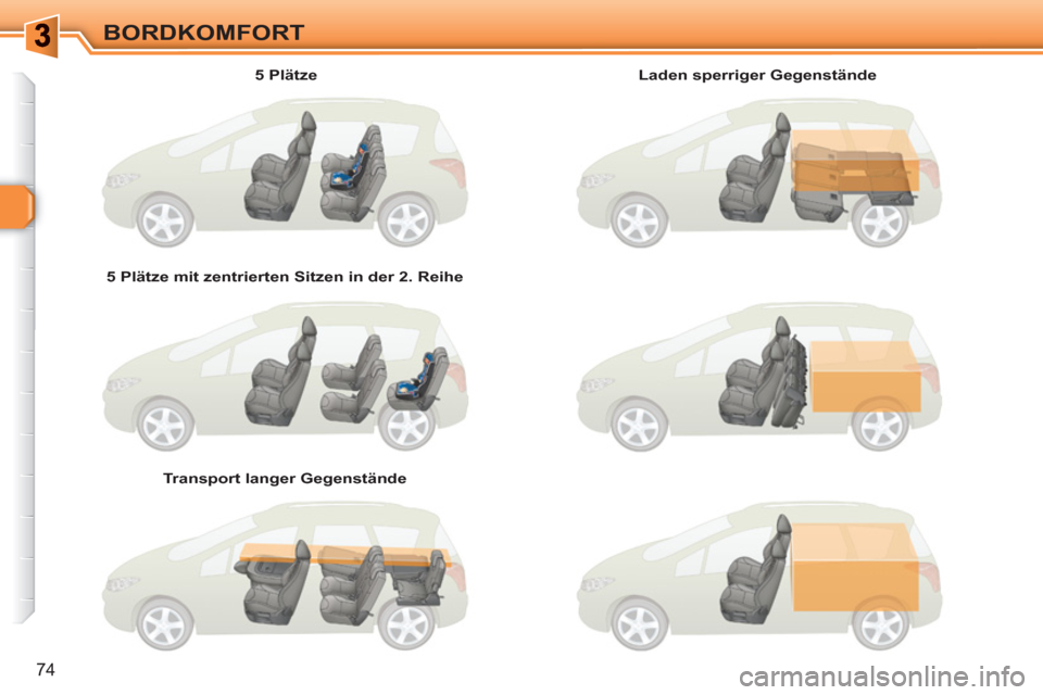 Peugeot 308 SW BL 2010.5  Betriebsanleitung (in German) 74
BORDKOMFORT
   
5 Plätze  
   
5 Plätze mit zentrierten Sitzen in der 2. Reihe  
   
Transport langer Gegenstände     
Laden sperriger Gegenstände  
  