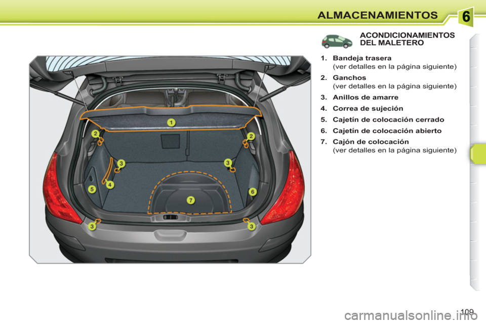 Peugeot 308 SW BL 2010.5  Manual del propietario (in Spanish) 109
ALMACENAMIENTOS
ACONDICIONAMIENTOS DEL MALETERO 
   
 
 
1. 
  Bandeja trasera 
 
 
  (ver detalles en la página siguiente) 
   
2. 
  Ganchos 
 
 
  (ver detalles en la página siguiente) 
   
3