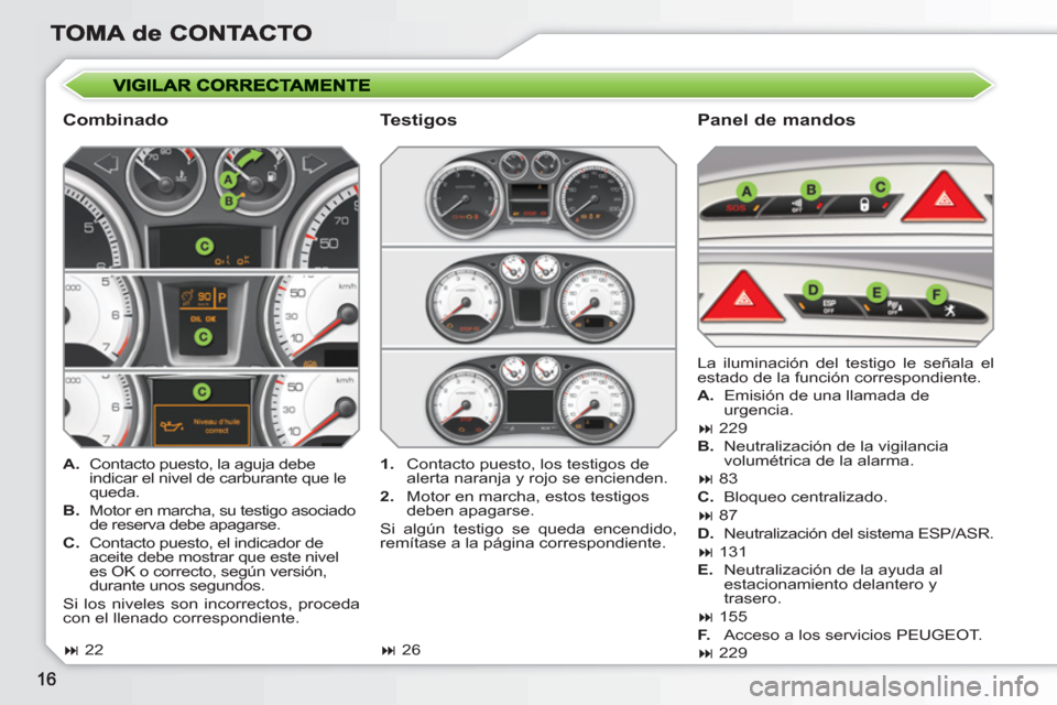 Peugeot 308 SW BL 2010.5  Manual del propietario (in Spanish)    
Combinado   
Panel de mandos 
 
 
 
A. 
  Contacto puesto, la aguja debe 
indicar el nivel de carburante que le 
queda. 
   
B. 
  Motor en marcha, su testigo asociado 
de reserva debe apagarse. 
