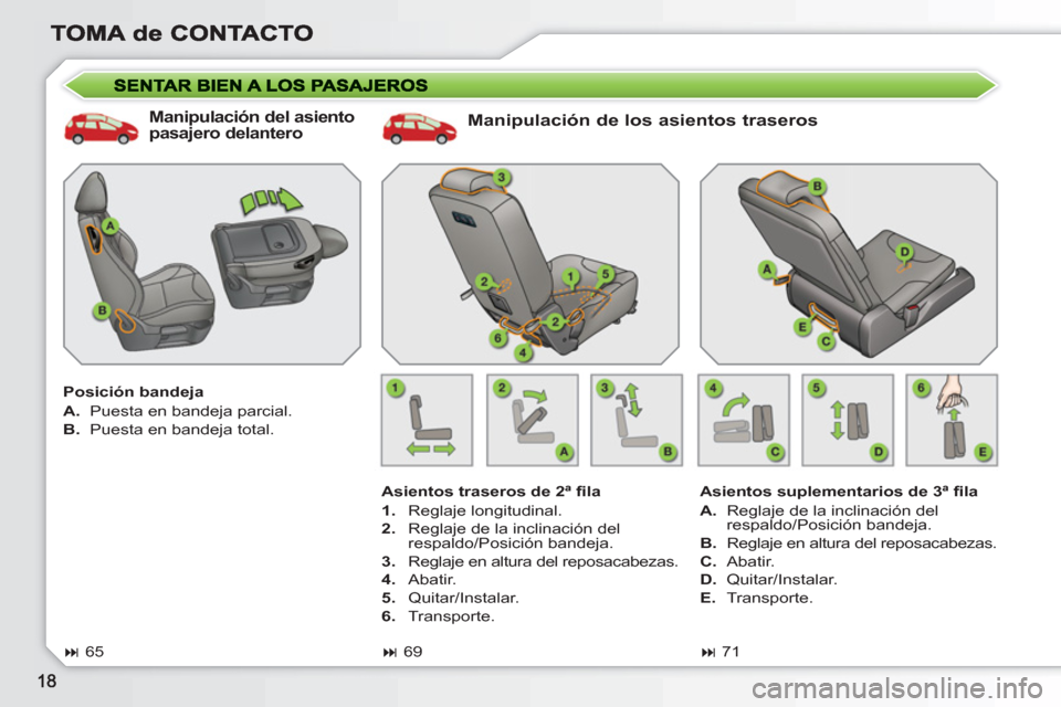 Peugeot 308 SW BL 2010.5  Manual del propietario (in Spanish)    
Manipulación de los asientos traseros 
 
 
Asientos traseros de 2ª ﬁ la 
   
 
1. 
 Reglaje longitudinal. 
   
2. 
  Reglaje de la inclinación del 
respaldo/Posición bandeja. 
   
3. 
  Regl