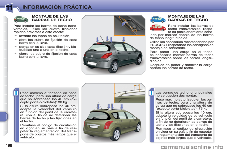 Peugeot 308 SW BL 2010.5  Manual del propietario (in Spanish) 1
ii
INFORMACIÓN PRÁCTICA
MONTAJE DE LAS BARRAS DE TECHO
  Peso máximo autorizado en baca 
de techo, para una altura de carga 
que no sobrepase los 40 cm (ex-
cepto porta-bicicletas): 80 kg. 
  Si 