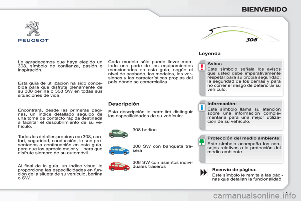 Peugeot 308 SW BL 2010.5  Manual del propietario (in Spanish) !
i
  Le agradecemos que haya elegido un 
308, símbolo de conﬁ anza, pasión e 
inspiración. 
   
Reenvío de página: 
  Este símbolo le remite a las pági-
nas que detallan la funcionalidad.  
