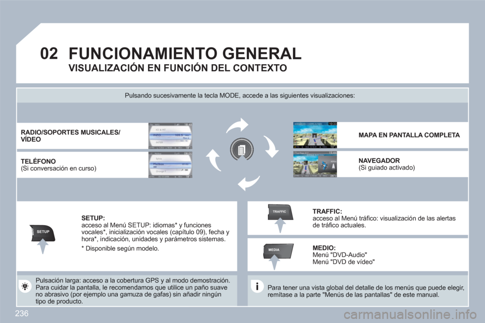 Peugeot 308 SW BL 2010.5  Manual del propietario (in Spanish) 236
02
SETUP
MEDIA
TRAFFIC
FUNCIONAMIENTO GENERAL 
   
Para tener una vista global del detalle de los menús que puede elegir, remítase a la parte "Menús de las pantallas" de este manual.  
 
 
Puls