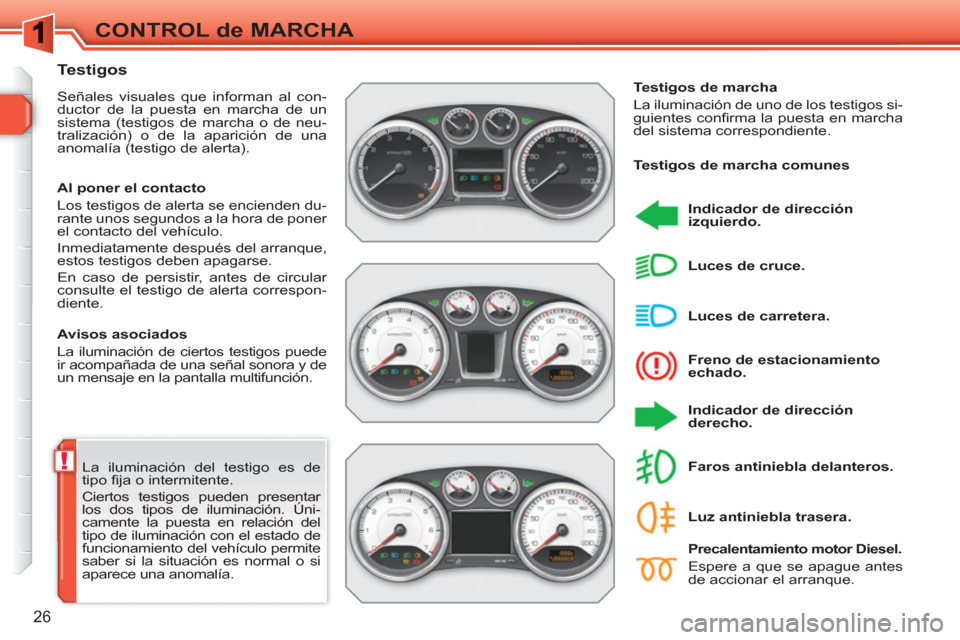 Peugeot 308 SW BL 2010.5 Manual del propietario (in Spanish) !
26
CONTROL de MARCHA
La iluminación del testigo es de
tipo fi ja o intermitente.
Ciertos testigos pueden presentar
los dos tipos de iluminación. Úni-
camente la puesta en relación del
t Peugeot 308 SW BL 2010.5 Manual del propietario (in Spanish) !
26
CONTROL de MARCHA
La iluminación del testigo es de
tipo fi ja o intermitente.
Ciertos testigos pueden presentar
los dos tipos de iluminación. Úni-
camente la puesta en relación del
t
