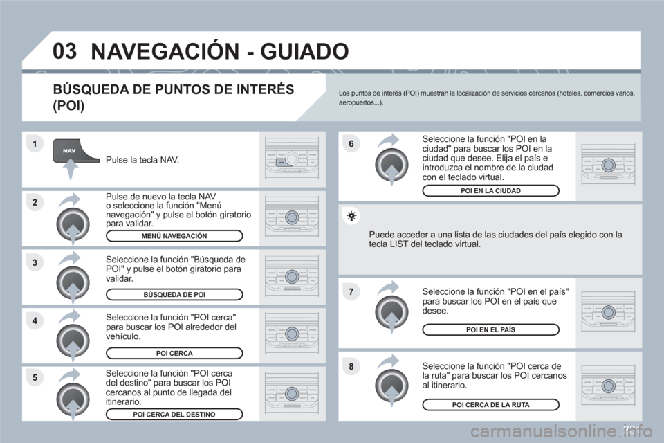 Peugeot 308 SW BL 2010.5  Manual del propietario (in Spanish) 281
8
6
7
4 3
5 2 1
03NAVEGACIÓN - GUIADO
   
BÚSQUEDA DE PUNTOS DE INTERÉS 
(POI)
Pulse la tecla NAV.  
Pulse de nuevo la tecla NAV o seleccione la función "Menúnavegación" y pulse el botón gi