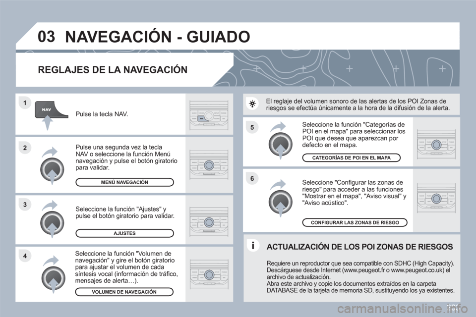 Peugeot 308 SW BL 2010.5  Manual del propietario (in Spanish) 283
5
6
3 2 1
4
03
   
REGLAJES DE LA NAVEGACIÓN
 
 Seleccione "Conﬁ gurar las zonas de riesgo" para acceder a las funciones"Mostrar en el mapa", "Aviso visual" y"Aviso ac˙stico".
 
 
Seleccione l