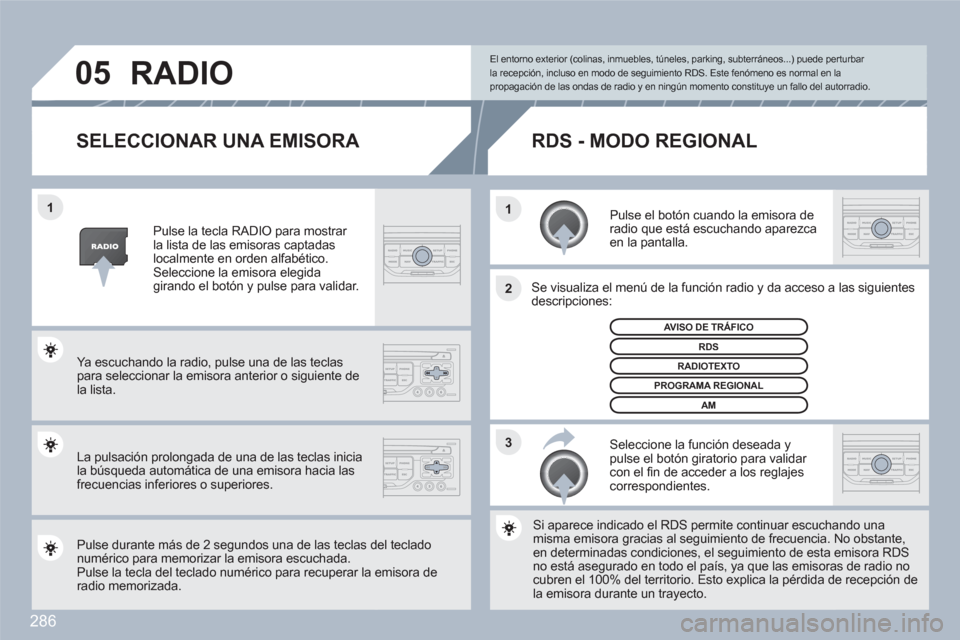 Peugeot 308 SW BL 2010.5  Manual del propietario (in Spanish) 286
3 2 1 1
05
SELECCIONAR UNA EMISORA 
   
Pulse el botón cuando la emisora de radio que está escuchando aparezca en la pantalla.  
 
 
Se visualiza el menú de la función radio y da acceso aa las
