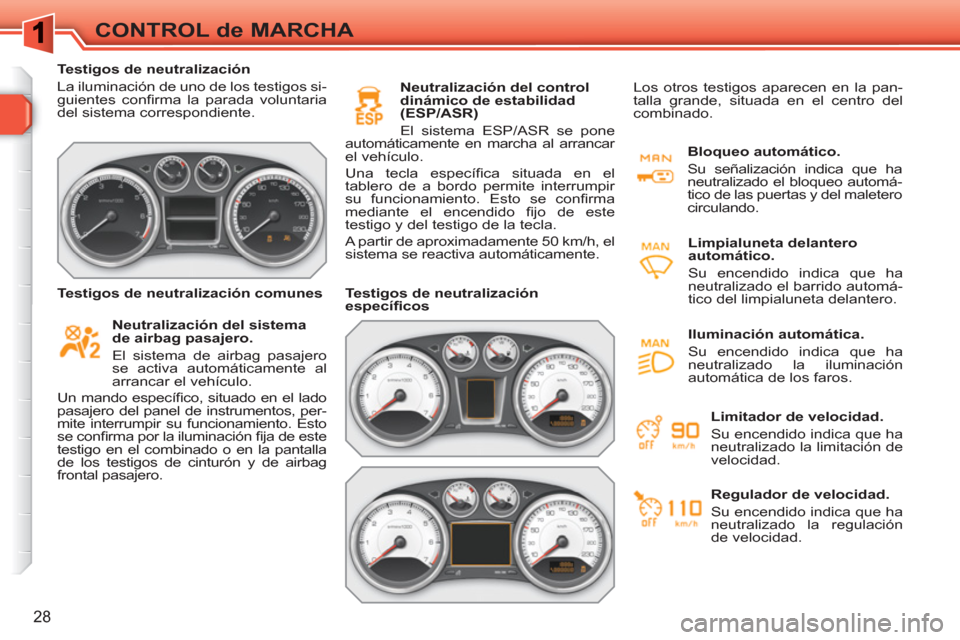 Peugeot 308 SW BL 2010.5 Manual del propietario (in Spanish) 28
CONTROL de MARCHA
Testigos de neutralización
La iluminación de uno de los testigos si-
guientes confi rma la parada voluntaria
del sistema correspondiente.
Neutralización de Peugeot 308 SW BL 2010.5 Manual del propietario (in Spanish) 28
CONTROL de MARCHA
Testigos de neutralización
La iluminación de uno de los testigos si-
guientes confi rma la parada voluntaria
del sistema correspondiente.
Neutralización de