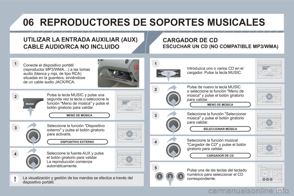 Peugeot 308 SW BL 2010.5 Manual del propietario (in Spanish) 289
3 1
2
06
1
4
2
3
5
4
Conecte el dispositivo portátil(reproductor MP3/WMA…) a las tomasaudio (blanca y roja, de tipo RCA)situadas en la guantera, sirviéndose de un cable audio JACK/RCA.
Pu Peugeot 308 SW BL 2010.5 Manual del propietario (in Spanish) 289
3 1
2
06
1
4
2
3
5
4
Conecte el dispositivo portátil(reproductor MP3/WMA…) a las tomasaudio (blanca y roja, de tipo RCA)situadas en la guantera, sirviéndose de un cable audio JACK/RCA.
Pu