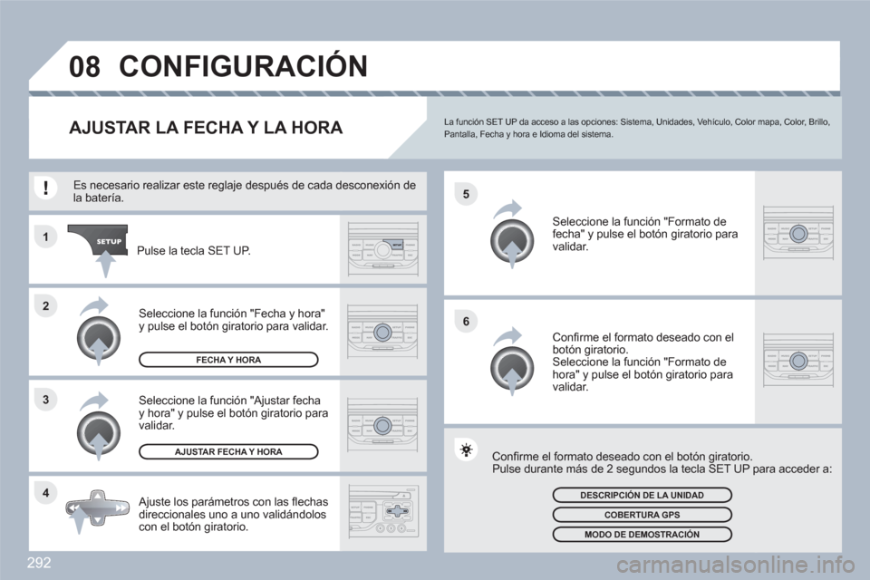 Peugeot 308 SW BL 2010.5 Manual del propietario (in Spanish) 292
4 3 2 1
6 5
08CONFIGURACIÓN
AJUSTAR LA FECHA Y LA HORA La función SET UP da acceso a las opciones: Sistema, Unidades, Vehículo, Color mapa, Color, Brillo, Pantalla, Fecha y hora e Idioma del si Peugeot 308 SW BL 2010.5 Manual del propietario (in Spanish) 292
4 3 2 1
6 5
08CONFIGURACIÓN
AJUSTAR LA FECHA Y LA HORA La función SET UP da acceso a las opciones: Sistema, Unidades, Vehículo, Color mapa, Color, Brillo, Pantalla, Fecha y hora e Idioma del si