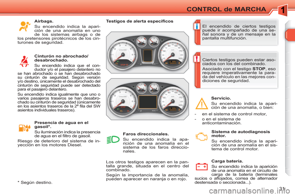 Peugeot 308 SW BL 2010.5 Manual del propietario (in Spanish) i
!
31
CONTROL de MARCHA
El encendido de ciertos testigos
puede ir acompañado de una se-
ñal sonora y de un mensaje en la
pantalla multifunción.
Testigos de alerta específi cos
L Peugeot 308 SW BL 2010.5 Manual del propietario (in Spanish) i
!
31
CONTROL de MARCHA
El encendido de ciertos testigos
puede ir acompañado de una se-
ñal sonora y de un mensaje en la
pantalla multifunción.
Testigos de alerta específi cos
L