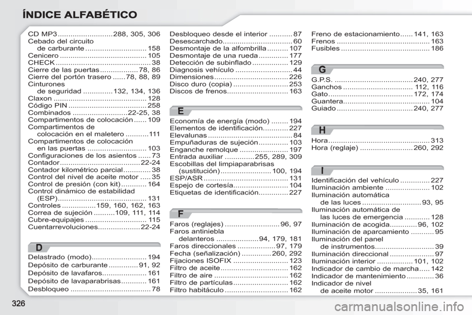 Peugeot 308 SW BL 2010.5 Manual del propietario (in Spanish) G.P.S. .....................................240,277Ganchos .................................112,116Gato........................................172,174Guantera.........................................1 Peugeot 308 SW BL 2010.5 Manual del propietario (in Spanish) G.P.S. .....................................240,277Ganchos .................................112,116Gato........................................172,174Guantera.........................................1