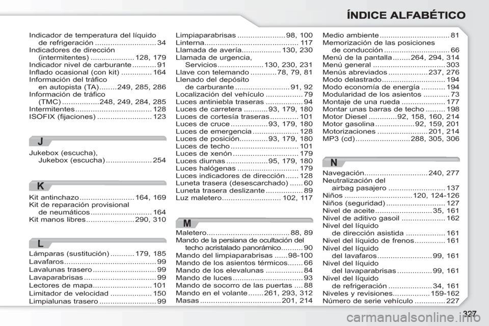 Peugeot 308 SW BL 2010.5 Manual del propietario (in Spanish) M
Maletero......................................88, 89Mando de la persiana de ocultación del techo acristalado panorámico..........90Mando del limpiaparabrisas......98-100Mando de los asientos térm Peugeot 308 SW BL 2010.5 Manual del propietario (in Spanish) M
Maletero......................................88, 89Mando de la persiana de ocultación del techo acristalado panorámico..........90Mando del limpiaparabrisas......98-100Mando de los asientos térm