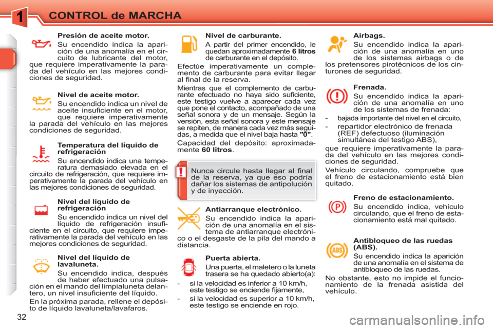 Peugeot 308 SW BL 2010.5 Manual del propietario (in Spanish) !
32
CONTROL de MARCHA
Airbags.
Su encendido indica la apari-
ción de una anomalía en uno
de los sistemas airbags o de
los pretensores pirotécnicos de los cin-
turones de seguridad.
Peugeot 308 SW BL 2010.5 Manual del propietario (in Spanish) !
32
CONTROL de MARCHA
Airbags.
Su encendido indica la apari-
ción de una anomalía en uno
de los sistemas airbags o de
los pretensores pirotécnicos de los cin-
turones de seguridad.
