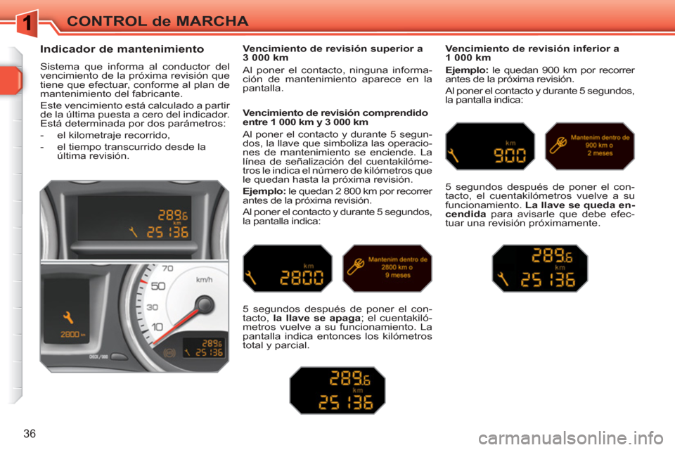 Peugeot 308 SW BL 2010.5 Manual del propietario (in Spanish) 36
CONTROL de MARCHA
Indicador de mantenimiento
Sistema que informa al conductor del
vencimiento de la próxima revisión que
tiene que efectuar, conforme al plan de
mantenimiento Peugeot 308 SW BL 2010.5 Manual del propietario (in Spanish) 36
CONTROL de MARCHA
Indicador de mantenimiento
Sistema que informa al conductor del
vencimiento de la próxima revisión que
tiene que efectuar, conforme al plan de
mantenimiento