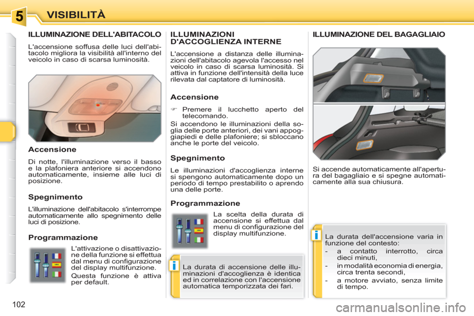 Peugeot 308 SW BL 2010.5 Manuale del proprietario (in Italian) i
i
102
VISIBILITÀ
ILLUMINAZIONE DELLABITACOLO
Laccensione soffusa delle luci dellabi-
tacolo migliora la visibilità allinterno del
veicolo in caso di scarsa luminosità.
La durata della Peugeot 308 SW BL 2010.5 Manuale del proprietario (in Italian) i
i
102
VISIBILITÀ
ILLUMINAZIONE DELLABITACOLO
Laccensione soffusa delle luci dellabi-
tacolo migliora la visibilità allinterno del
veicolo in caso di scarsa luminosità.
La durata della