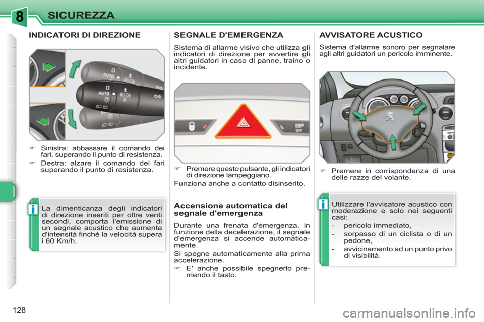 Peugeot 308 SW BL 2010.5 Manuale del proprietario (in Italian) ii
128
SICUREZZA
INDICATORI DI DIREZIONE
La dimenticanza degli indicatori
di direzione inseriti per oltre venti
secondi, comporta lemissione di
un segnale acustico che aumenta
dintensità fi Peugeot 308 SW BL 2010.5 Manuale del proprietario (in Italian) ii
128
SICUREZZA
INDICATORI DI DIREZIONE
La dimenticanza degli indicatori
di direzione inseriti per oltre venti
secondi, comporta lemissione di
un segnale acustico che aumenta
dintensità fi