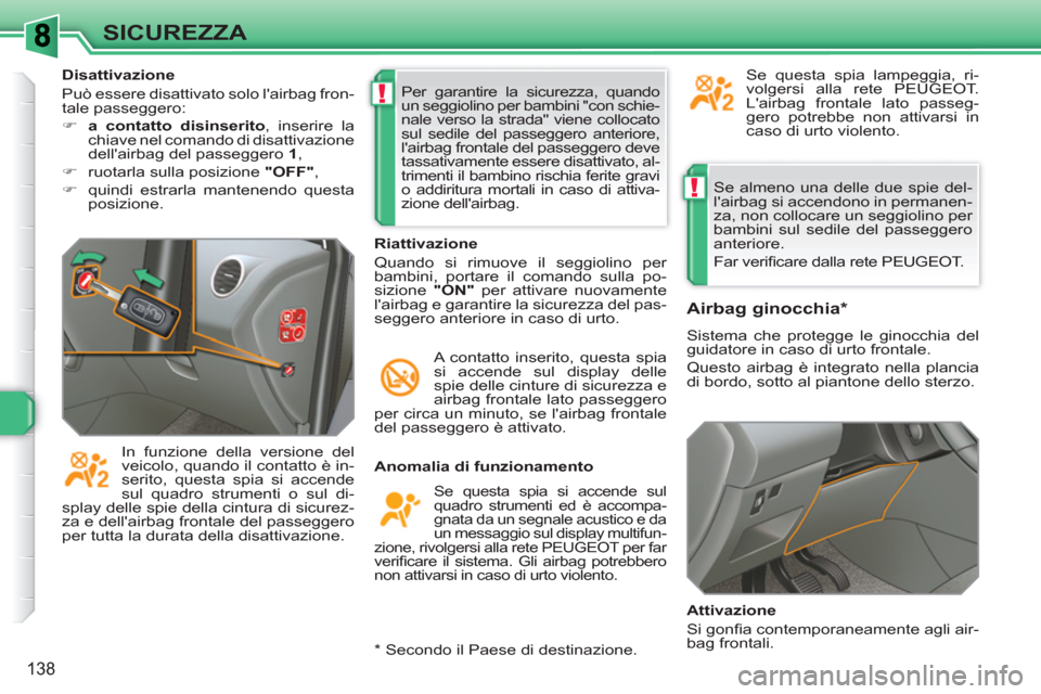 Peugeot 308 SW BL 2010.5  Manuale del proprietario (in Italian) !
!
138
SICUREZZA
  Se almeno una delle due spie del-
lairbag si accendono in permanen-
za, non collocare un seggiolino per 
bambini sul sedile del passeggero 
anteriore. 
  Far veriﬁ care dalla re