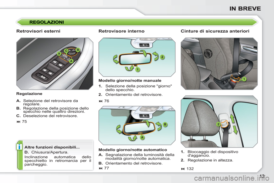 Peugeot 308 SW BL 2010.5  Manuale del proprietario (in Italian) i
   
Retrovisori esterni 
 
 
Regolazione  
   
Altre funzioni disponibili... 
   
D. 
  Chiusura/Apertura. 
  Inclinazione automatica dello 
specchietto in retromarcia per il 
parcheggio.  
 
 
 
Re