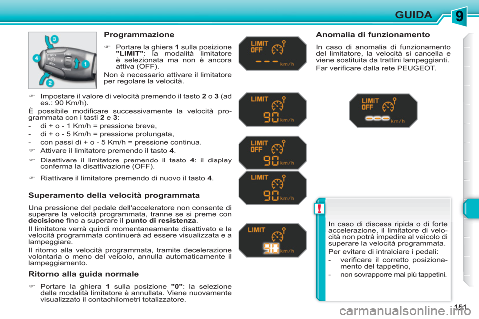 Peugeot 308 SW BL 2010.5 Manuale del proprietario (in Italian) !
GUIDA
In caso di discesa ripida o di forte
accelerazione, il limitatore di velo-
cità non potrà impedire al veicolo di
superare la velocità programmata.
Per evitare di intralciare i pedali Peugeot 308 SW BL 2010.5 Manuale del proprietario (in Italian) !
GUIDA
In caso di discesa ripida o di forte
accelerazione, il limitatore di velo-
cità non potrà impedire al veicolo di
superare la velocità programmata.
Per evitare di intralciare i pedali