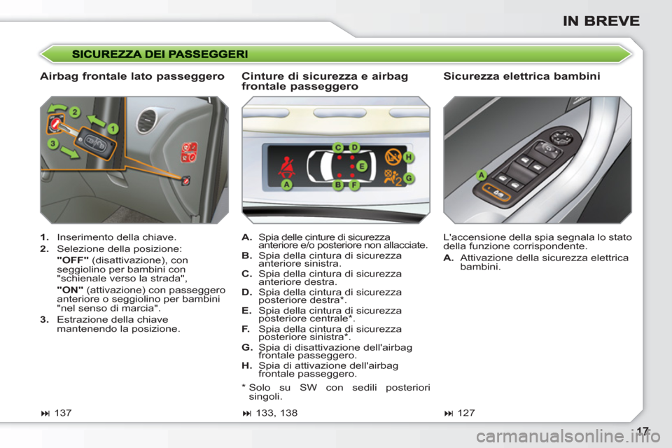 Peugeot 308 SW BL 2010.5  Manuale del proprietario (in Italian)    
Airbag frontale lato passeggero    
Sicurezza elettrica bambini 
 
 
 
1. 
  Inserimento della chiave. 
   
2. 
  Selezione della posizione:  
  "OFF" 
 (disattivazione), con 
seggiolino per bambi