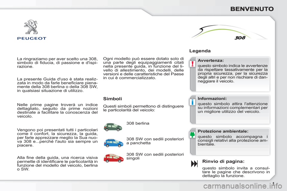 Peugeot 308 SW BL 2010.5 Manuale del proprietario (in Italian) !
i
La ringraziamo per aver scelto una 308,
simbolo di fi ducia, di passione e dispi-
razione.
Rinvio di pagina:
questo simbolo invita a consul-
tare le pagine che descrivono in
dettagli Peugeot 308 SW BL 2010.5 Manuale del proprietario (in Italian) !
i
La ringraziamo per aver scelto una 308,
simbolo di fi ducia, di passione e dispi-
razione.
Rinvio di pagina:
questo simbolo invita a consul-
tare le pagine che descrivono in
dettagli