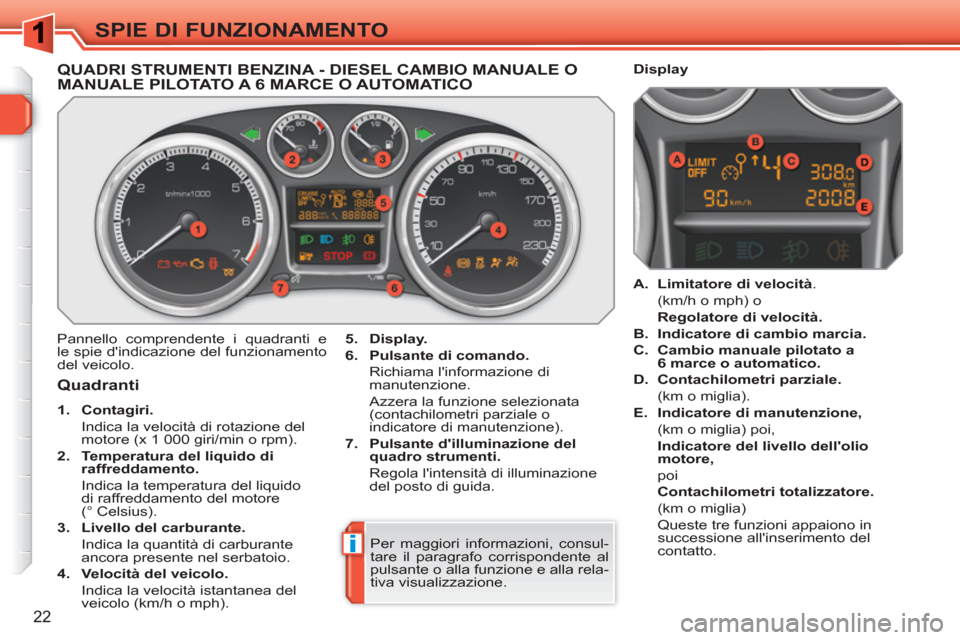 Peugeot 308 SW BL 2010.5  Manuale del proprietario (in Italian) i
22
SPIE DI FUNZIONAMENTO
QUADRI STRUMENTI BENZINA - DIESEL CAMBIO MANUALE OMANUALE PILOTATO A 6 MARCE O AUTOMATICO
  Pannello comprendente i quadranti e 
le spie dindicazione del funzionamento 
del