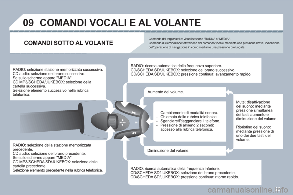 Peugeot 308 SW BL 2010.5  Manuale del proprietario (in Italian) 261
09  COMANDI VOCALI E AL VOLANTE 
 
 
RADIO: selezione della stazione memorizzata precedente.  
CD audio: selezione del brano precedente. Se sullo schermo appare "MEDIA": CD MP3/SCHEDA SD/JUKEBOX: 