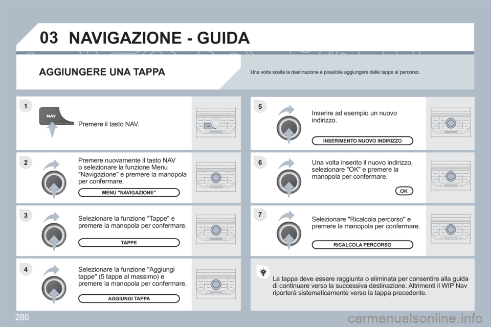 Peugeot 308 SW BL 2010.5  Manuale del proprietario (in Italian) 280
7 6 5
4 3 2 1
03
   
AGGIUNGERE UNA TAPPA 
 
Inserire ad esempio un nuovo indirizzo.
 
Una volta inserito il nuovo indirizzo, selezionare "OK" e premere lamanopola per confermare. 
 
Selezionare "