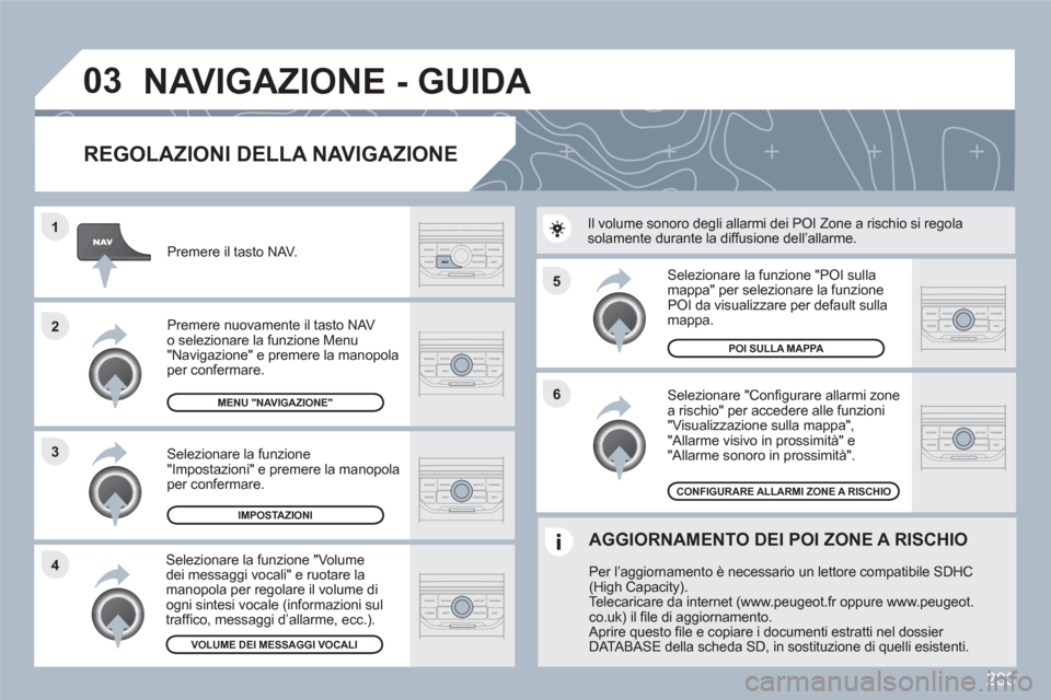 Peugeot 308 SW BL 2010.5  Manuale del proprietario (in Italian) 283
5
6
3 2 1
4
03
   
REGOLAZIONI DELLA NAVIGAZIONE 
 
 Selezionare "Conﬁ gurare allarmi zonea rischio" per accedere alle funzioni"Visualizzazione sulla mappa", "Allarme visivo in prossimit‡" e "